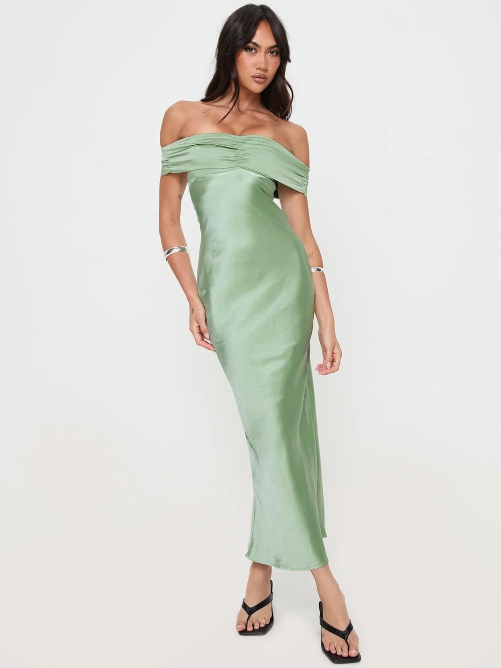 Princess Polly Off-Shoulder Maxi Dress in Light Sage